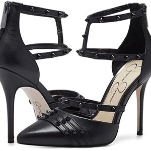Jessica Simpson Black Studded Ankle-Strap Pointed-Toe Heels